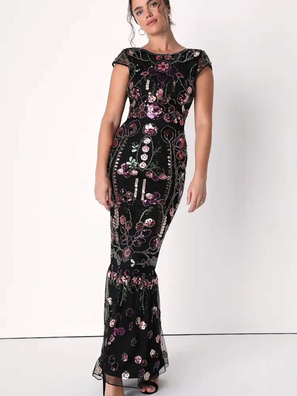 Lulu’s Era of Opulence Burgundy Sequin Cap Sleeve Maxi Dress